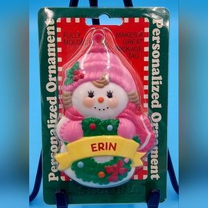 Vintage 90s Stravina Personalized "Erin" Snowgirl Holiday Christmas Ornament